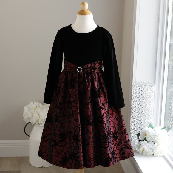 Black Velvet & Burgundy Flocked Taffeta Dress Special Occasion Size 7 - Picture 1 of 6